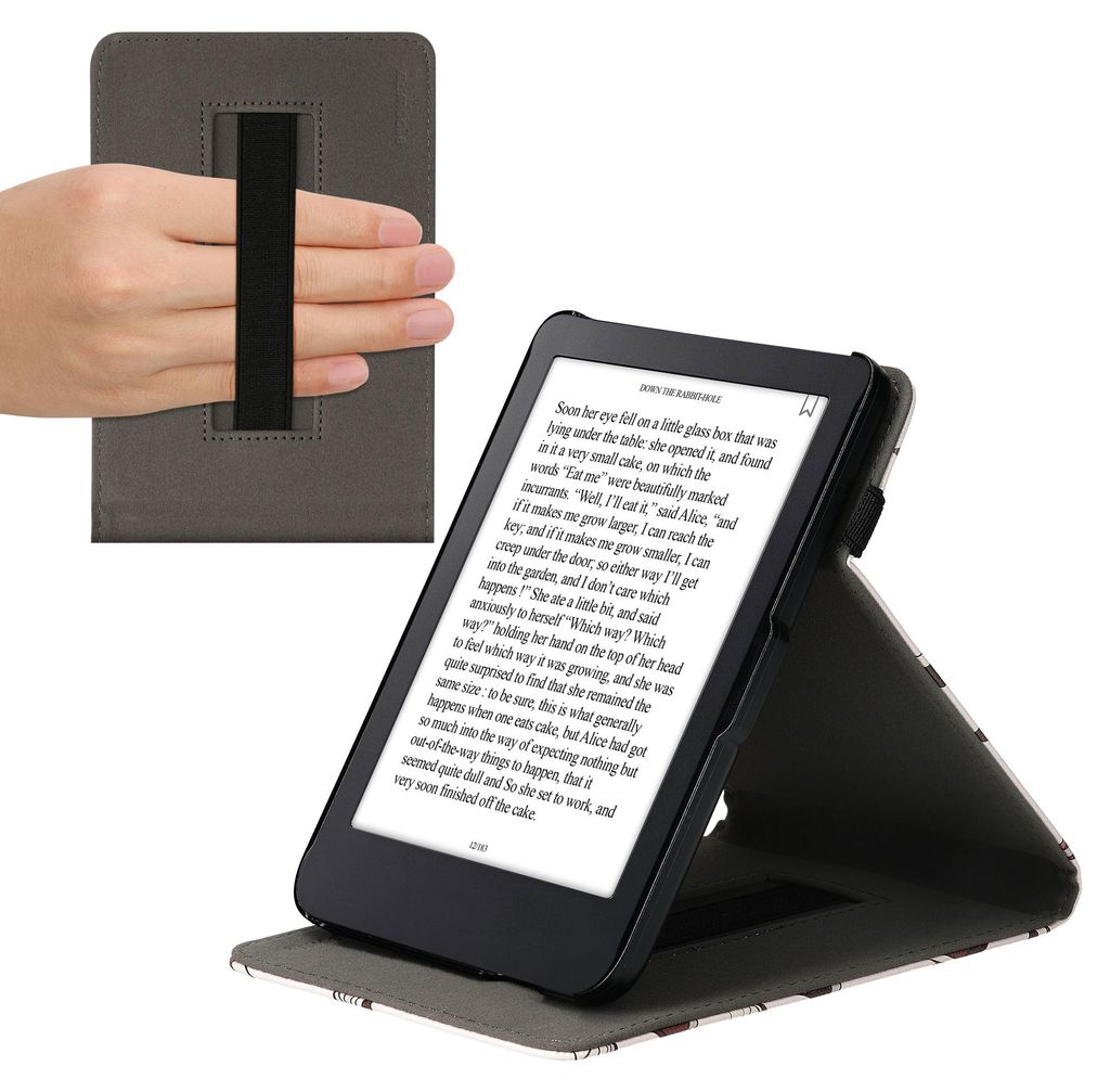 kwmobile Hülle kompatibel mit Kobo Clara 2E / Tolino Shine 4 Hülle - Case mit Schlaufe und Ständer - Bücher und Seiten Beige Braun Gold