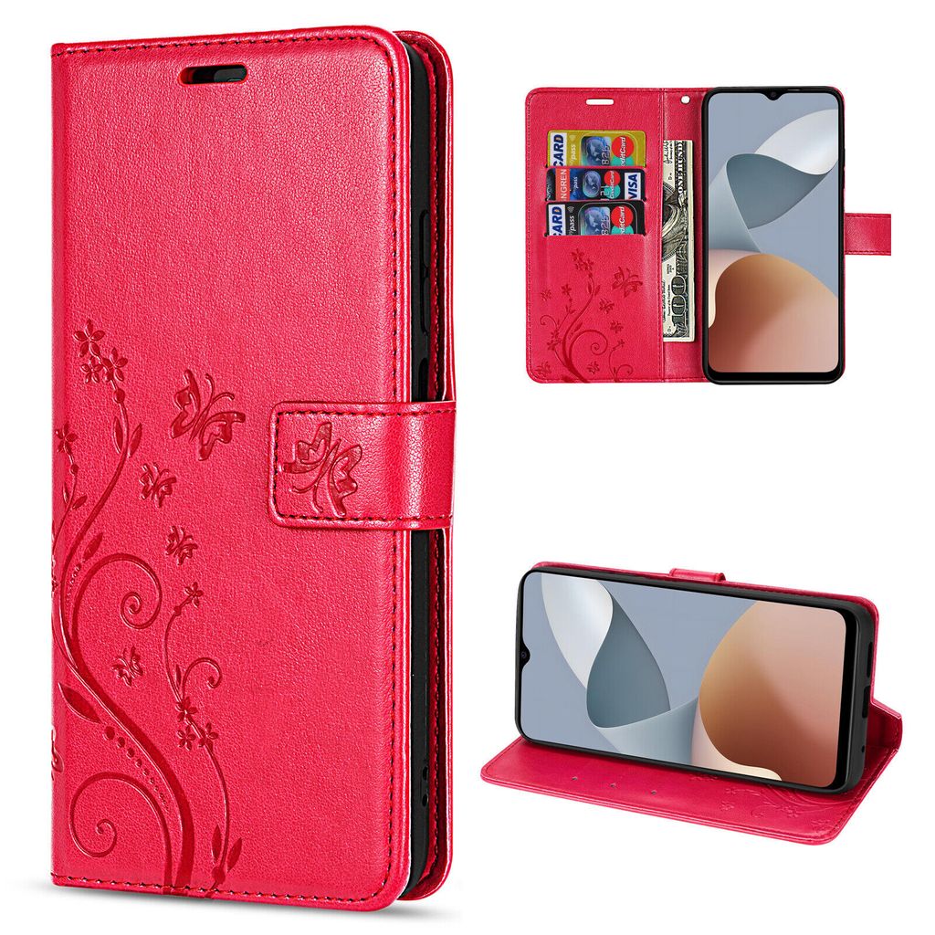 A collage of images showing a red phone case with a floral design, including a view of the case open with cards and cash inserted, and a view of a phone inside the case.
