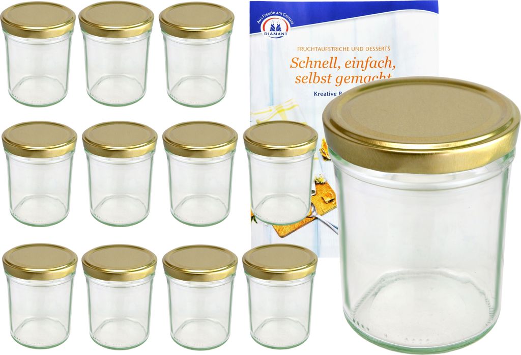 12er Set Sturzglas 230 ml HOCH To 66 goldener Deckel Einmachgläser Gläser incl. Rezeptheft