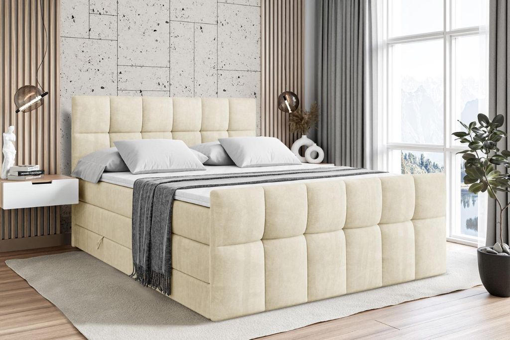ALTDECOR Boxspringbett mit Matratze und Lattenrost - RICAR -Z KING - 120x200 cm - Beige Monolith - Topper, Fußteil, Polsterbett mit Bettkasten, Be...