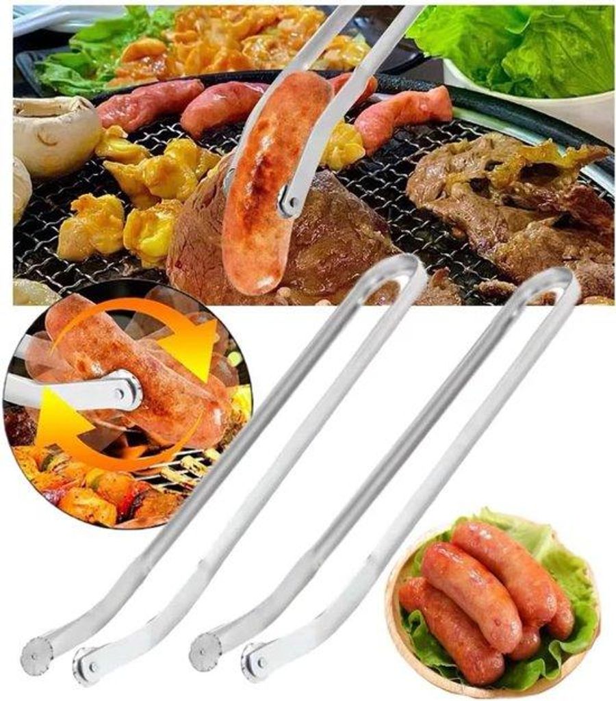 2er-Pack - 15" Edelstahl-Grillwurstdrehgerät - Multifunktions-Drehgerät für Außenkochen mit langem Griff - Silber