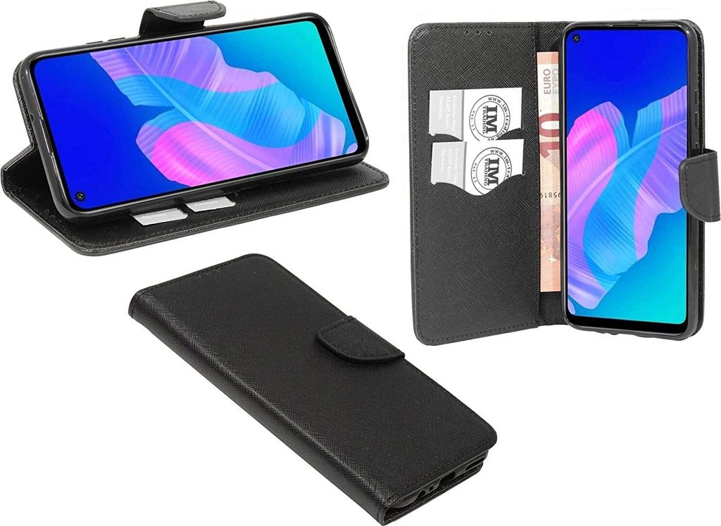 cofi1453 Buch Tasche "Fancy" kompatibel mit HUAWEI P40 LITE E Handy Hülle Etui Brieftasche Schutzhülle mit Standfunktion, Kartenfach Schwarz