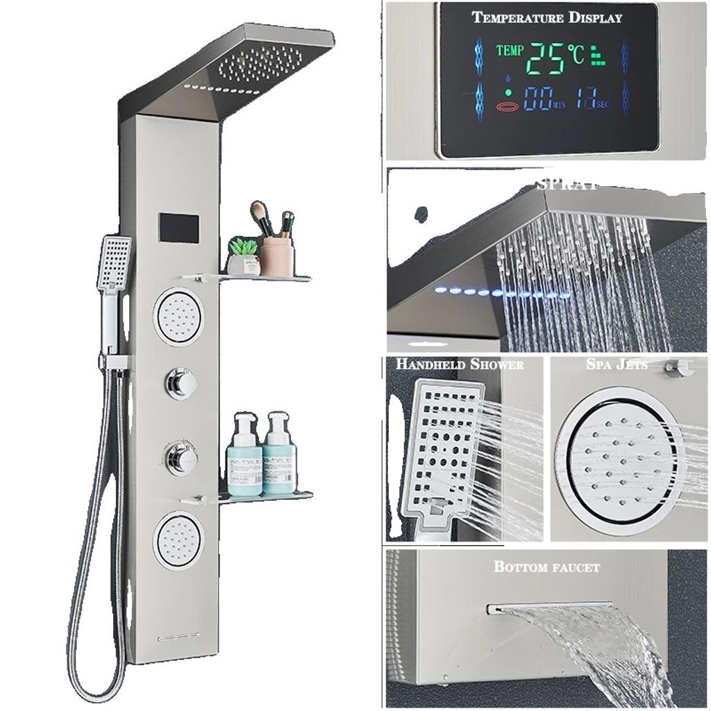 LED-Duschpaneel, Keramisches Ventil, Dual-Handle-Steuerung, Gebürstetes Nickel A