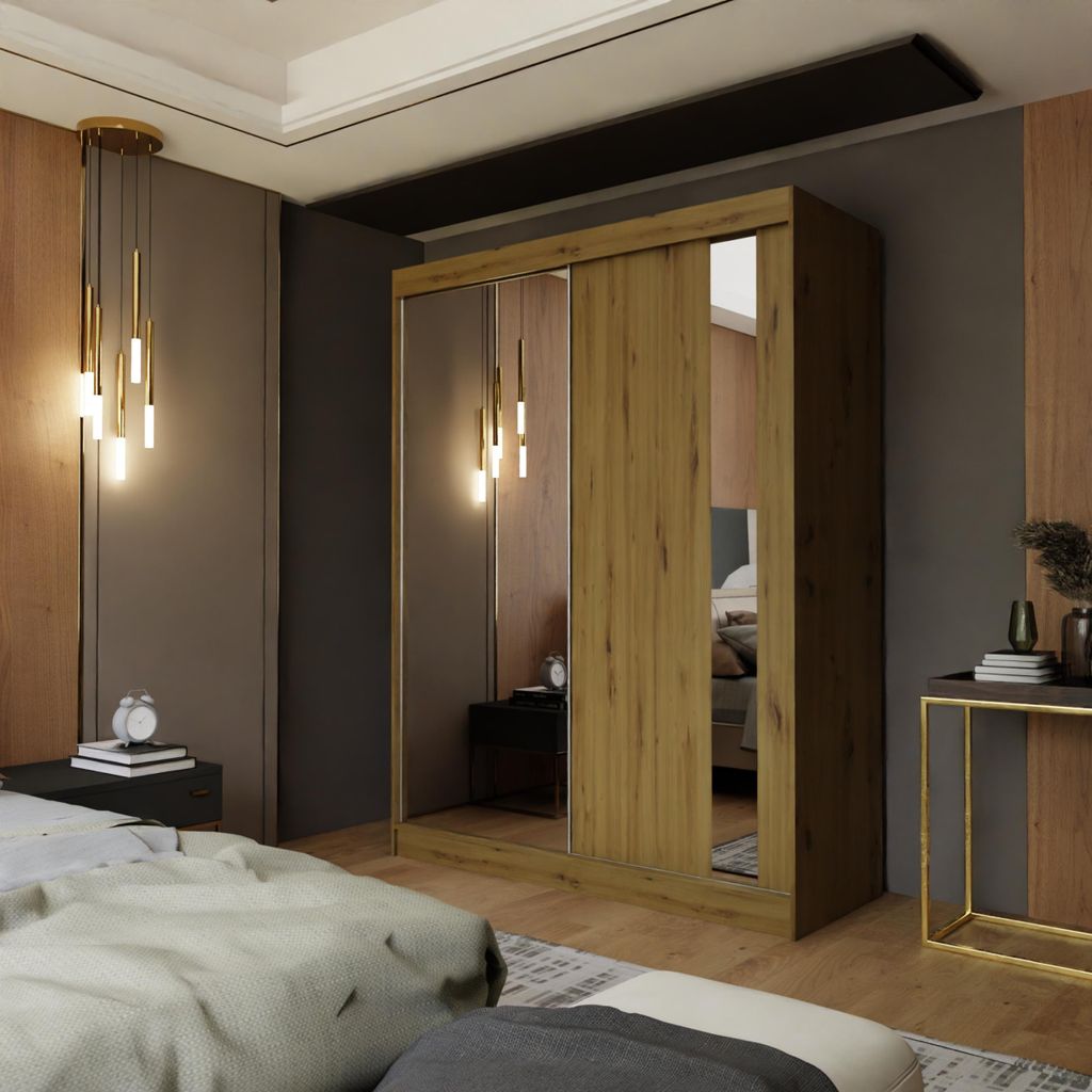 Eiche Artisan Kleiderschrank mit Spiegel 160 cm Luna Moderner Kleiderschrank mit Schiebetüren Zweitüriger Kleiderschrank für Schlafzimmer mit Kl...