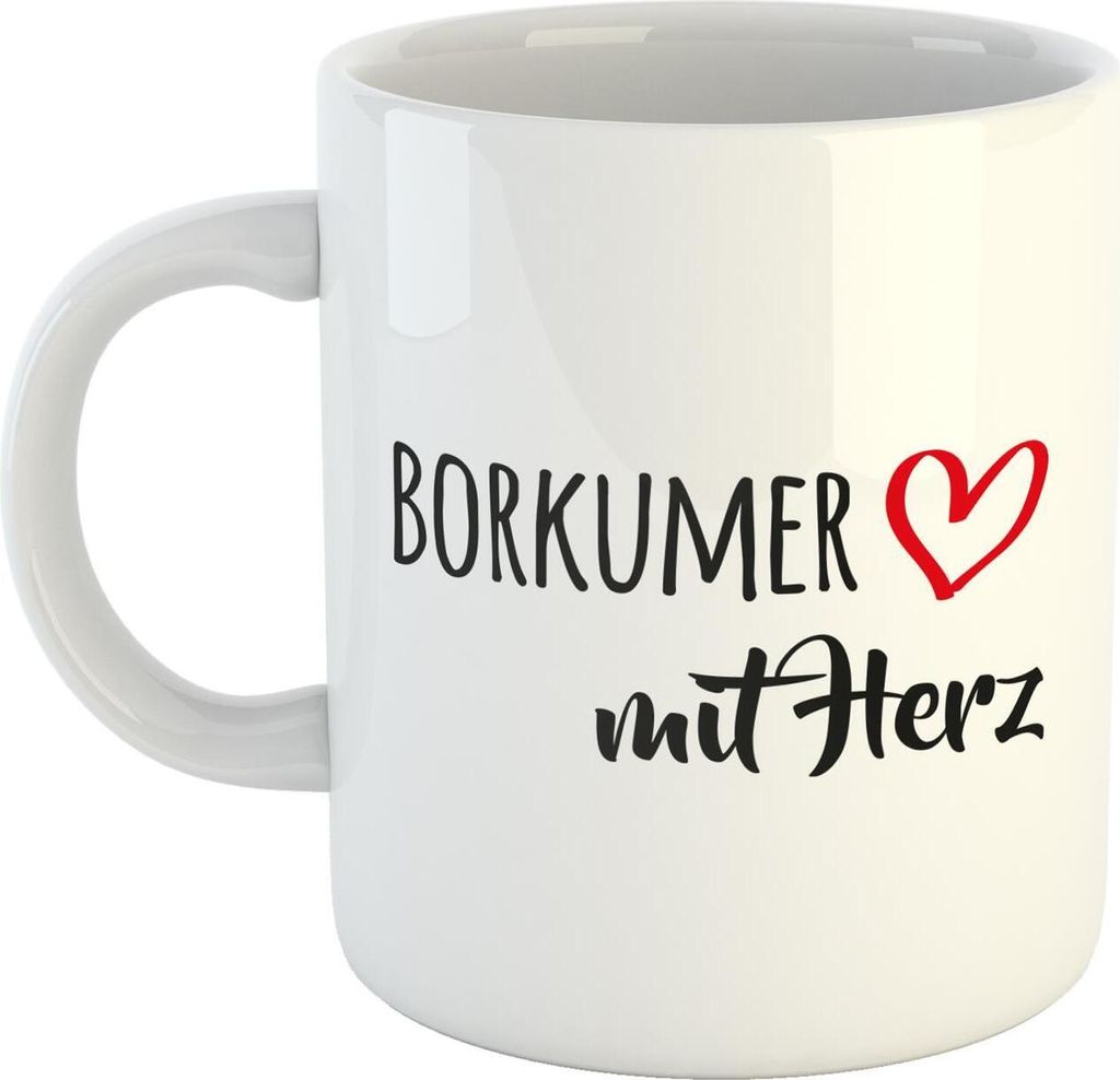 Huuraa Kaffeetasse Borkumer mit Herz 330ml Weiß Keramik Kaffeebecher Geschenkidee