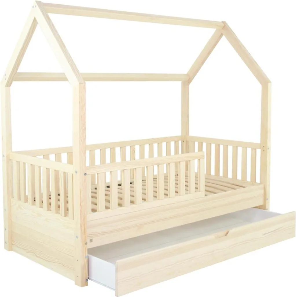 Lit maison en bois de pin 80x160 cm avec tiroir amovible et sommier