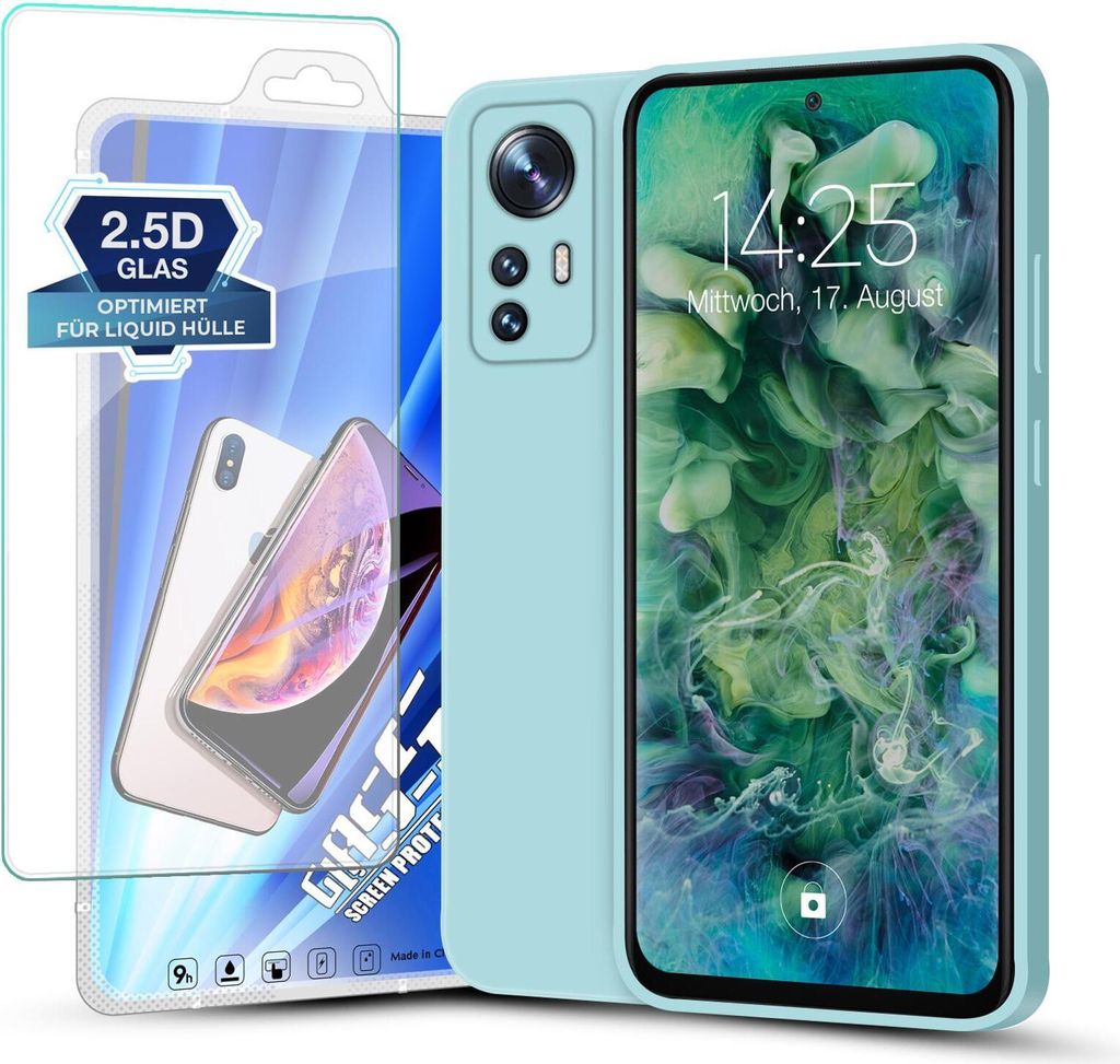 Hülle für Xiaomi 12 / 12X mit 9H Displayglas Displayschutz Plus Case Cover Bumper Silikon Softgrip Schutzhülle Farbe: Hellblau