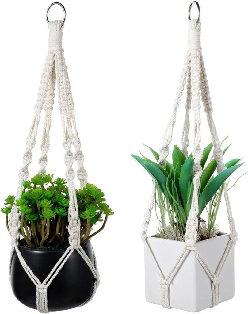 Support plante macramé en coton robuste beige extérieur et intérieur - 2 pcs