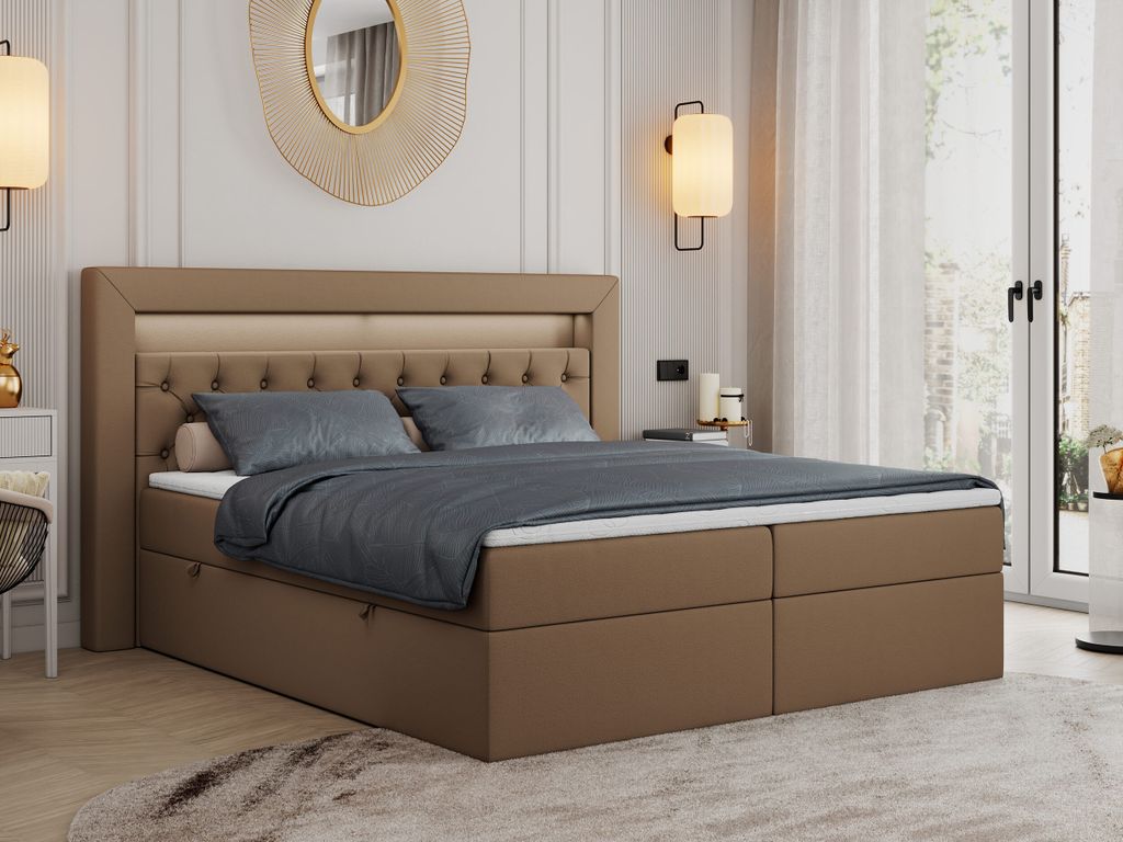 Boxspringbett 120x200 mit Led, Polsterbett 120x200 mit LED Kopfteil - Multipocket-Matratze H4 - Doppelbett mit Bettkasten Stauraumbett, GOLD-6 - 12...