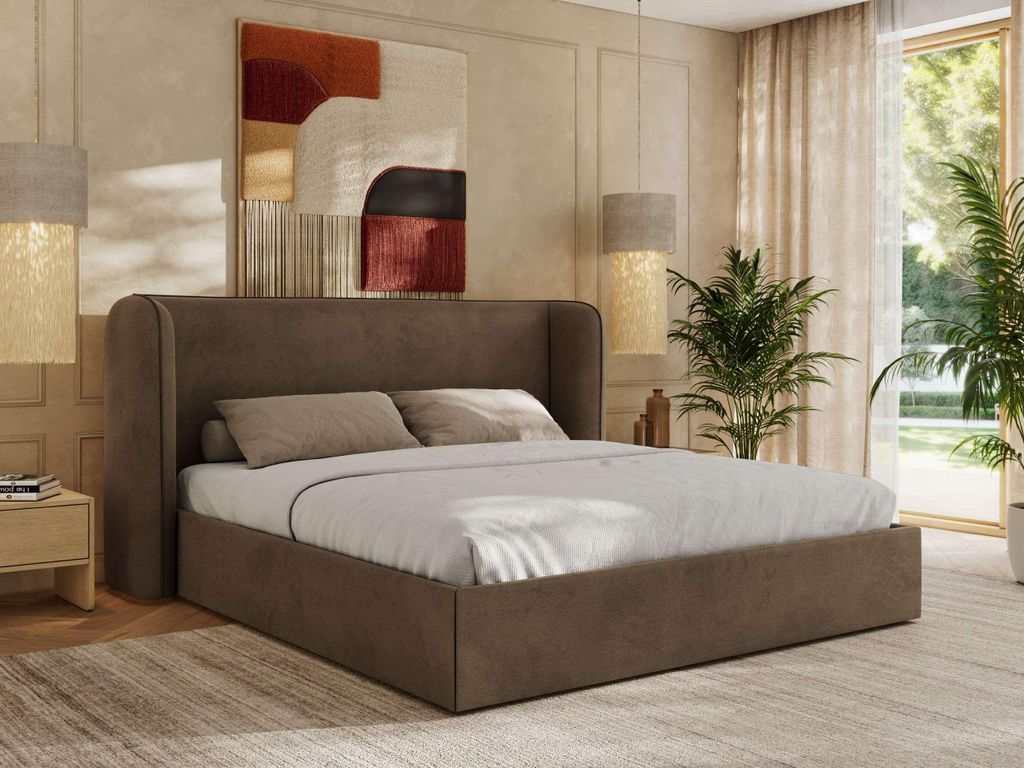 MKS MEBLE Doppelbett Polsterbett EMORA CLASSIC Bett Holzgestell hohes Kopfteil Foam Matratze MIRO LUX 200x200 Braun Velvet