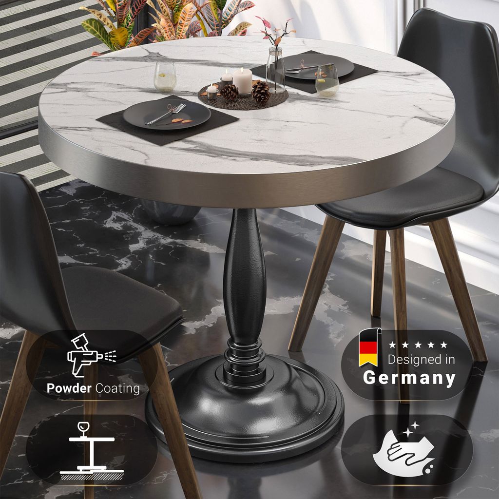 BD | Bistro Tisch | Ø 60 x 78 cm | Rund | Edelstahl Rand | Weiß Marmor / Schwarz | Bistrotisch Gastro Tisch