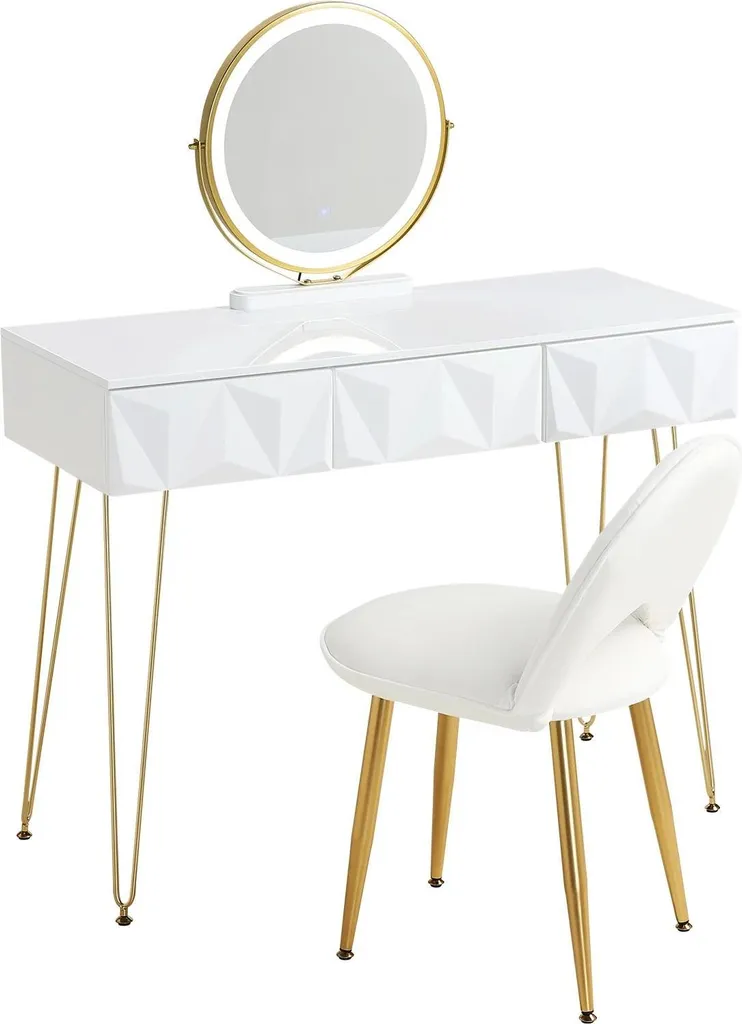 Coiffeuse LED Anti-Éblouissement avec 3 Tiroirs et Siège Confortable