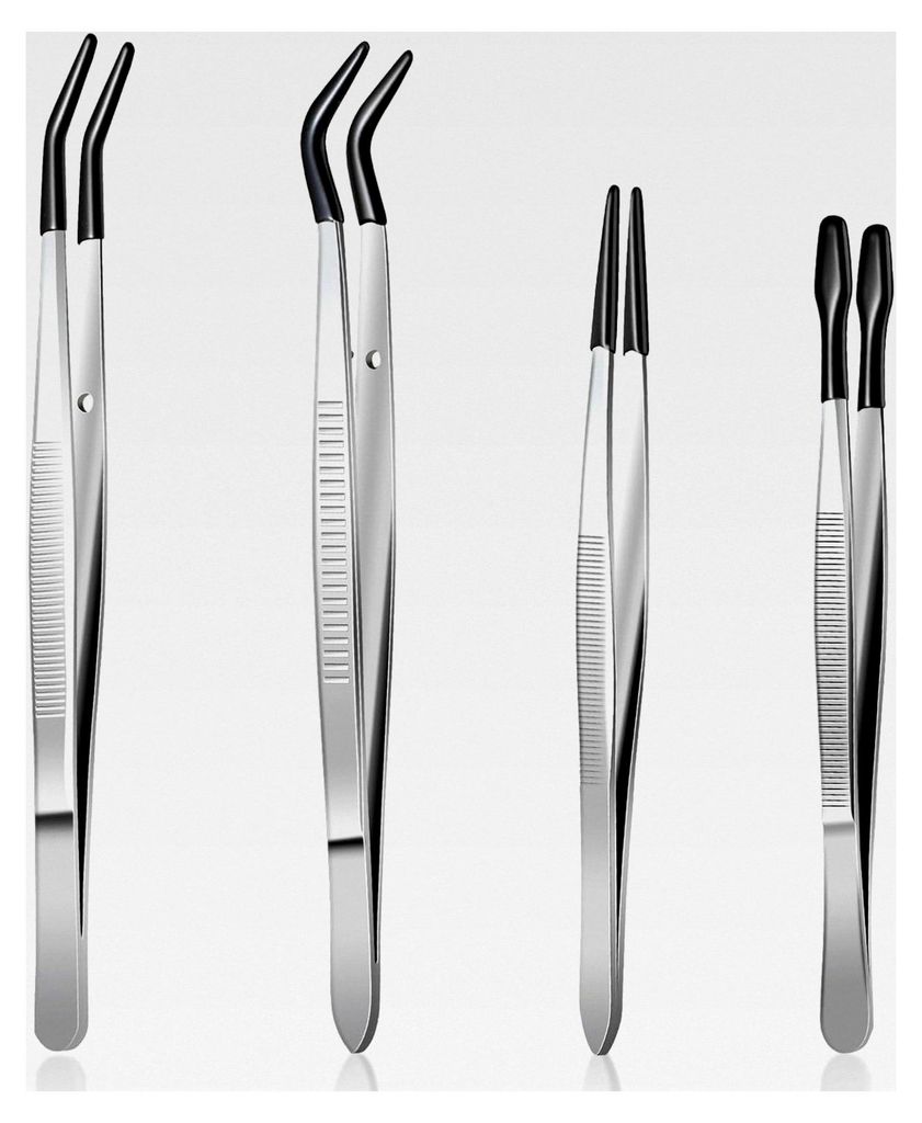 4-teiliges Pinzetten-Set mit Gummispitzen aus Metall, gebogene und gerade flache Spitze, Edelstahl-Pinzette für Stempel, Schmuck (Silber)