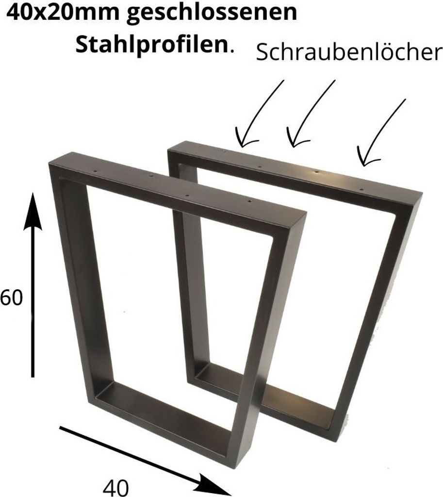 Two black metal table legs are shown on a white background with dimensions indicated.
