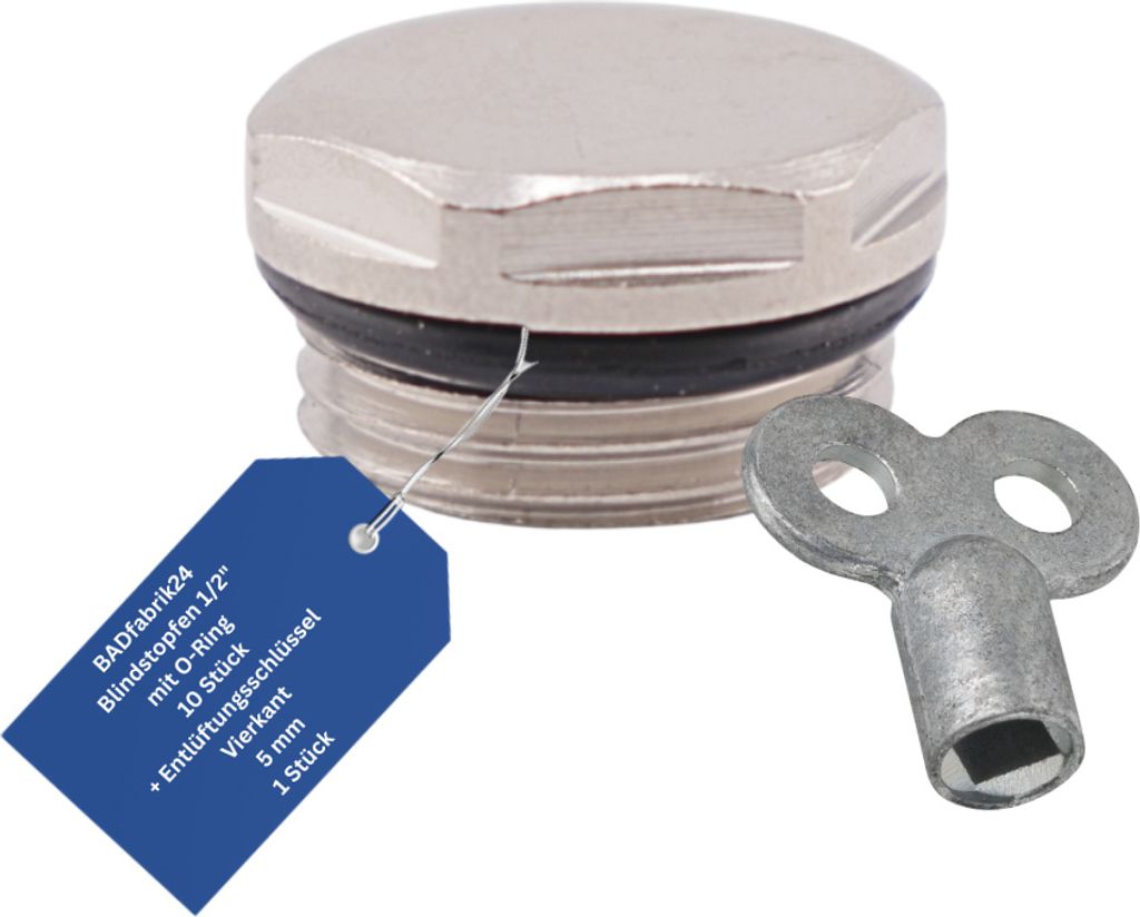 BADfabrik24 Blindstopfen 1/2" mit O-Ring 10 Stück + Entlüftungsschlüssel aus Metall, Vierkant 5mm 1 Stück