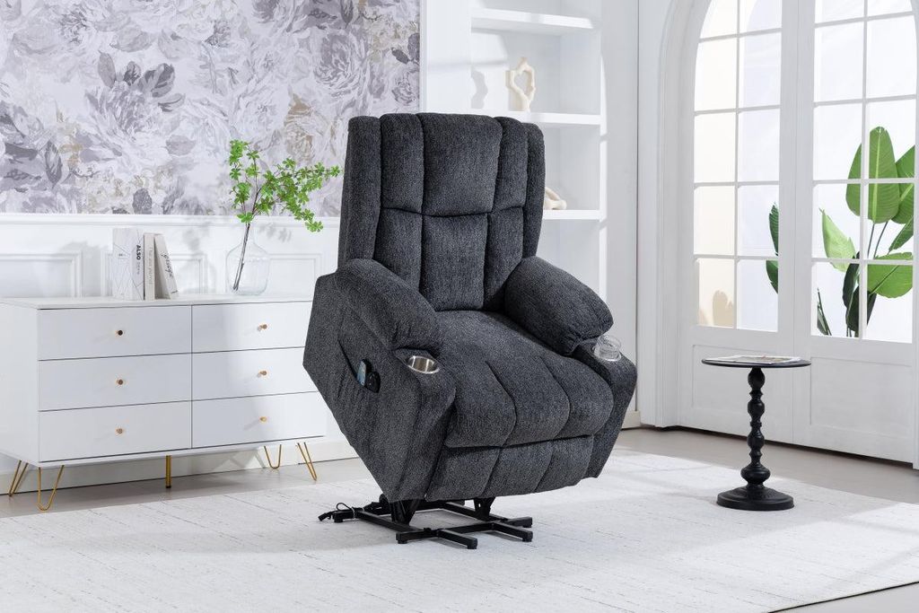 Elektrischer Sessel mit Aufstehhilfe & Massage, Samt Hellgrau. Relaxsessel mit Wärme, Liegefunktion & Getränkehalter – Ideal für Senioren