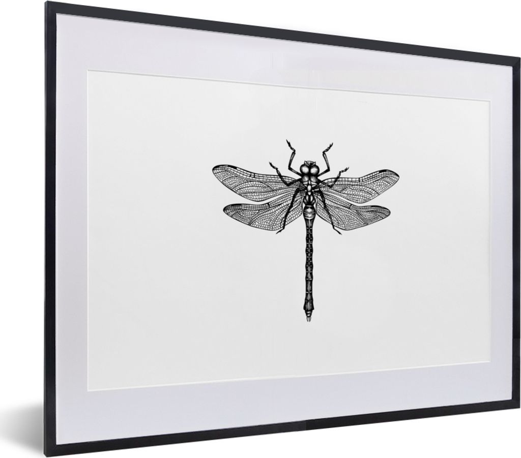 MuchoWow Gerahmtes Poster Libelle - Insekten - Retro - Schwarz und weiß 40x30 cm - Poster mit Schwarzem Bilderrahmen Wandposter Rahmen Foto Bild...