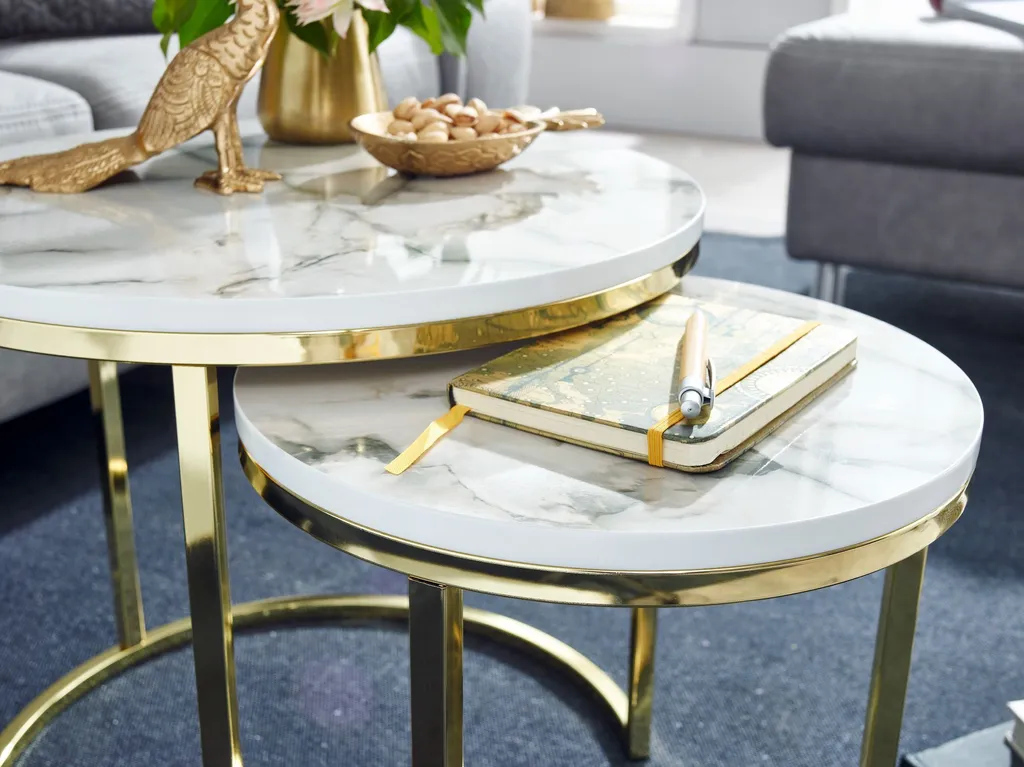 FineBuy Tavolino di design set di 2 tavolini da caffè rotondi effetto marmo 2 pezzi struttura del tavolo metallo piccoli tavoli da soggiorno tavolini da caffè moderni - 5