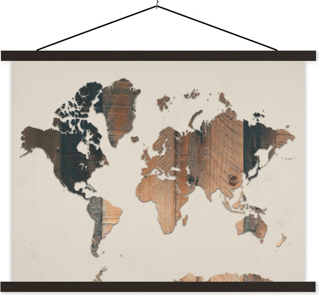 MuchoWow Textilposter Weltkarte - Holz - Regal 40x30 cm mit schwarzem Rahmen - Dekorationen