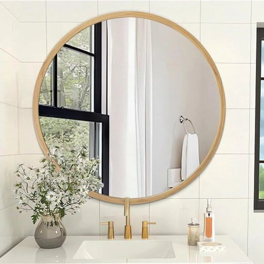 Miroir mural rond 20 pouces cadre aluminium aspect bois mat décoratif