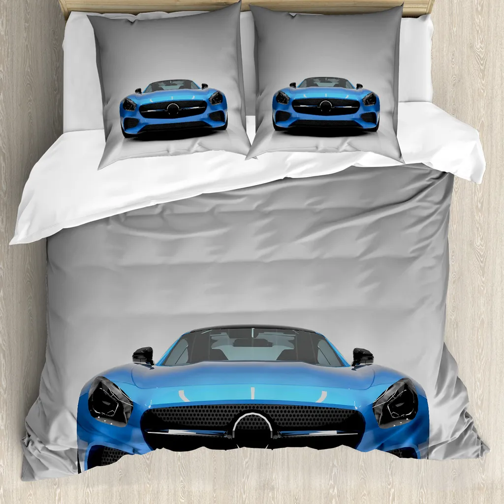 ABAKUHAUS Copripiumino per camera ragazzi, Sport Vehicle Auto, antiacaro, adatto a chi soffre di allergie, con federe, 200 cm x 200 cm - 80 x 80 cm, blu nero grigio