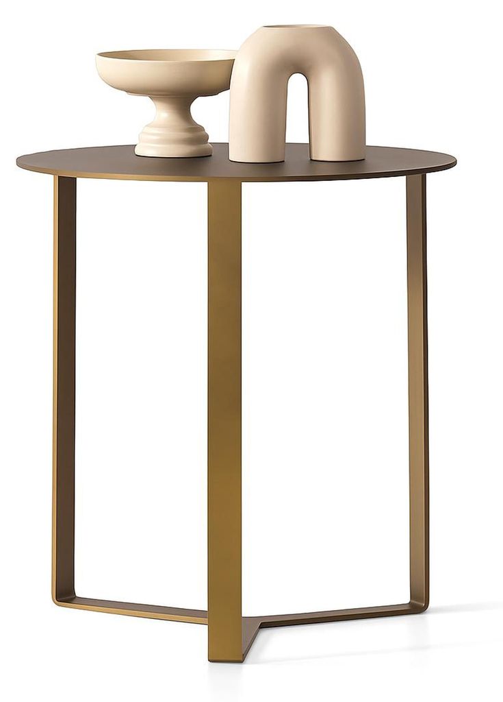 Eleganter Beistelltisch mit runder Tischplatte und goldenen Akzenten