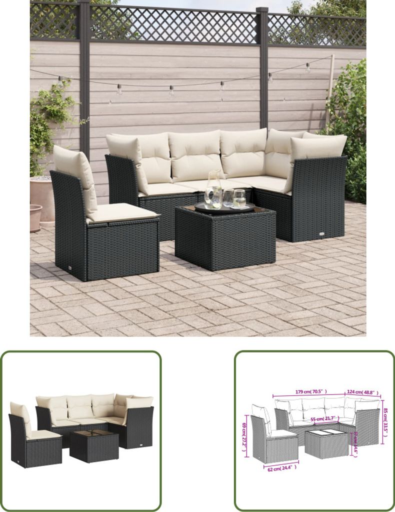 The Living Store 6-tlg. Garten-Sofagarnitur mit Kissen Schwarz Poly Rattan