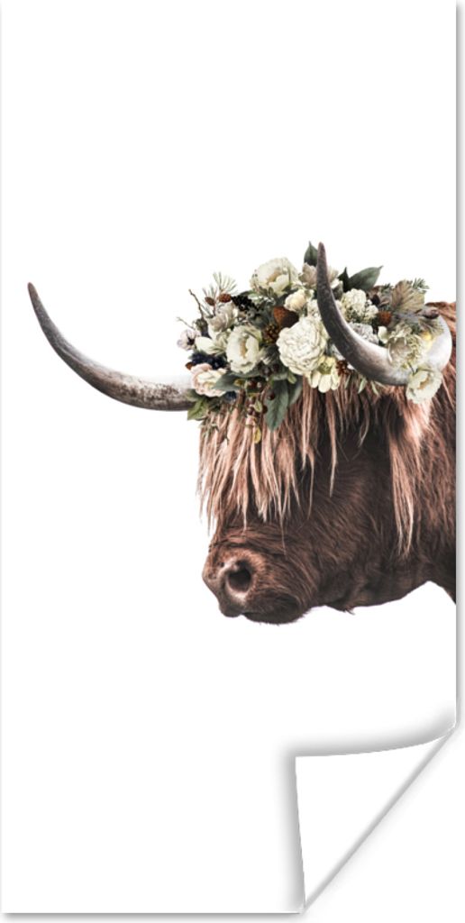 MuchoWow Poster Schottischer Highlander - Kuh - Rosen 40x80 cm - Dekoration