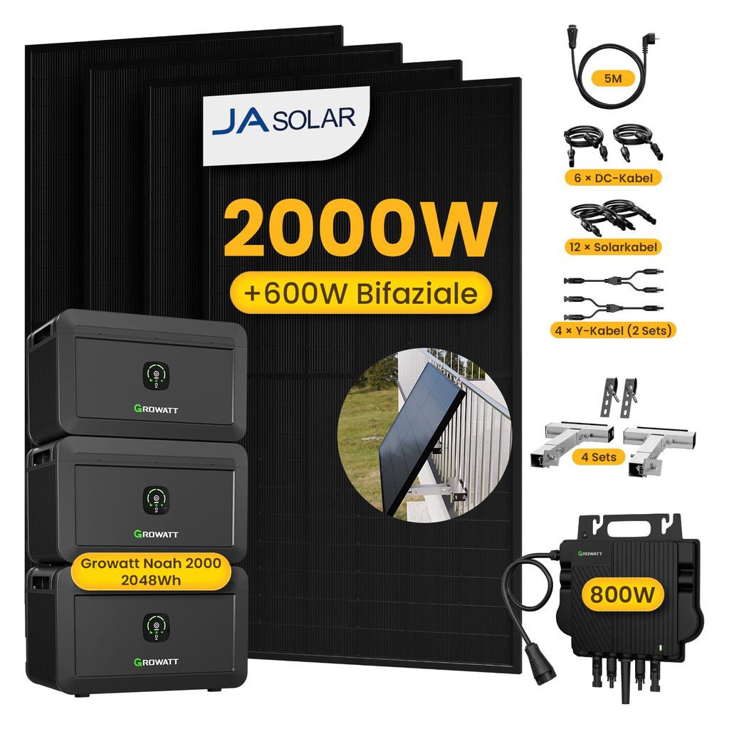 Powerness Balkonkraftwerk mit Speicher, 4x JA Solar 500W Module & Growatt 800W Mikro-Wechselrichter, 3x Growatt NOAH 2000, 4x Balkon-Halterung(Silber)