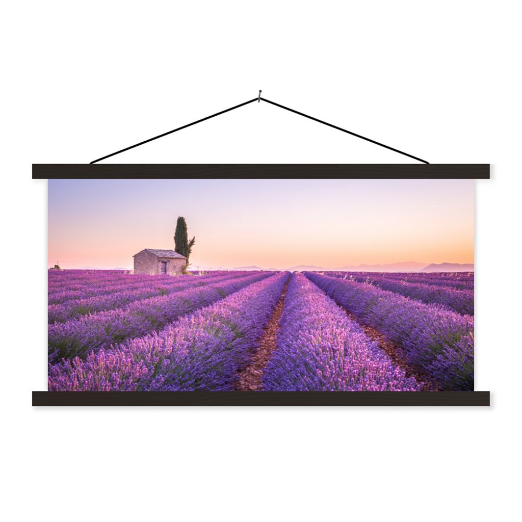 MuchoWow Textilposter Lavendel - Sonnenuntergang - Lila - Blumen 120x60 cm mit schwarzem Rahmen - Dekoration Schlafzimmer