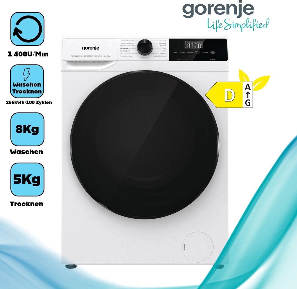 A Gorenje washing machine is displayed with feature callouts.