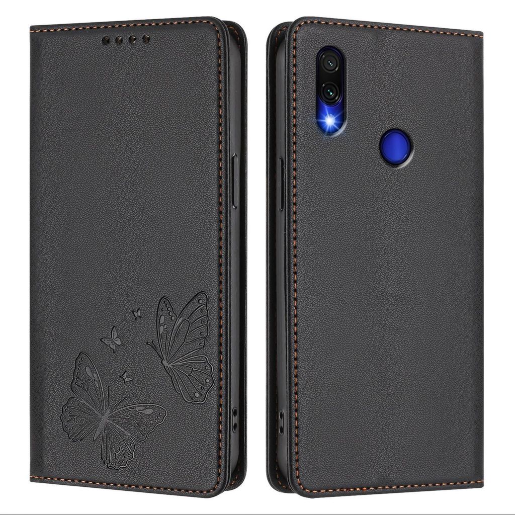 Lederhülle für Xiaomi Redmi Note 7/Note 7 Pro, Schmetterling Prägung Leder Brieftasche Schutzhülle mit Ständer Schwarz