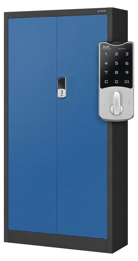 Aktenschrank Metallschrank mit Zahlenschloss Büroschrank Flügeltüren Stahlblech 4 Einlegeböden 185 cm x 90 cm x 40 cm anthrazit-blau