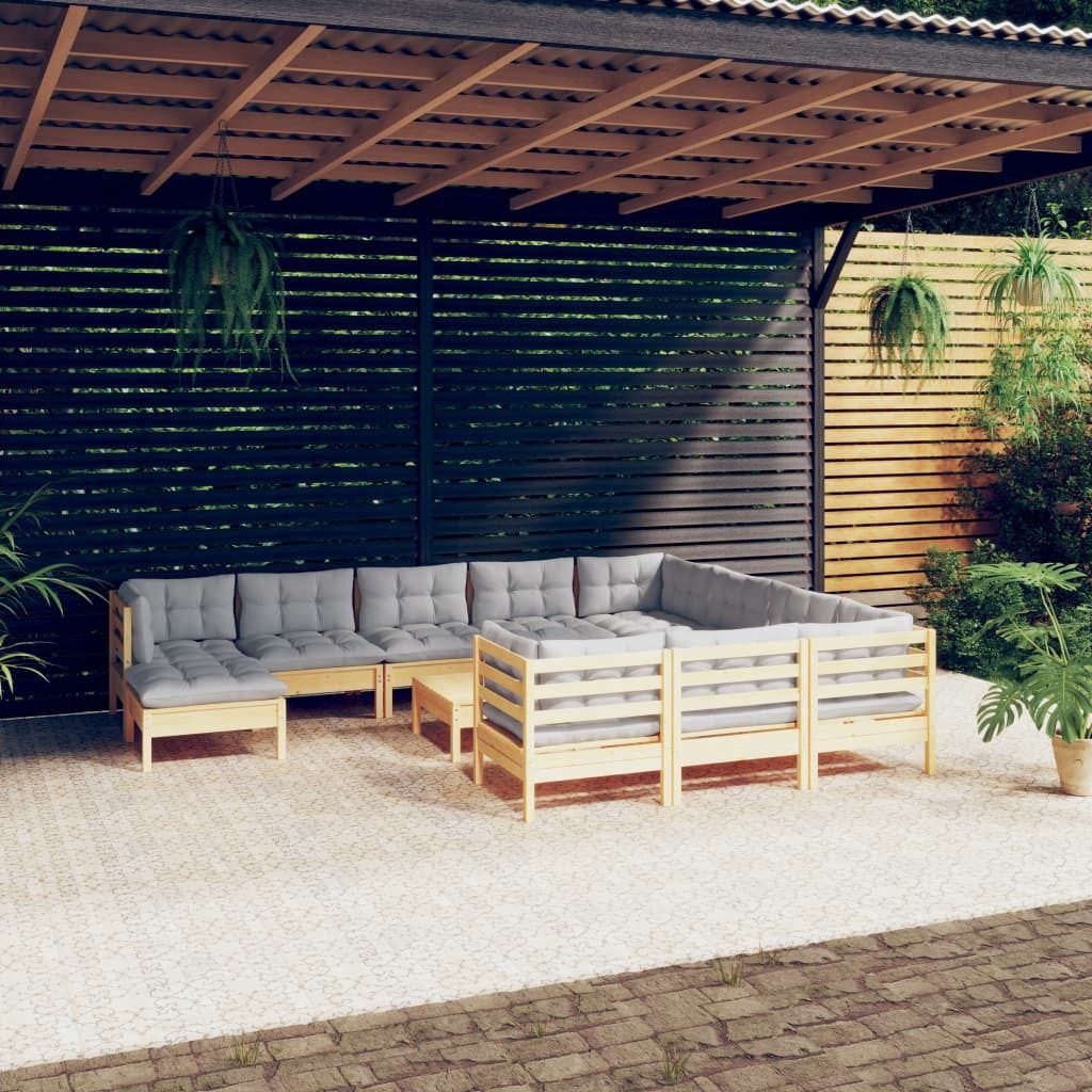 Möbel 12-tlg. Garten-Lounge-Set mit Grauen Kissen Kiefernholz - Balkonmöbel 3097048