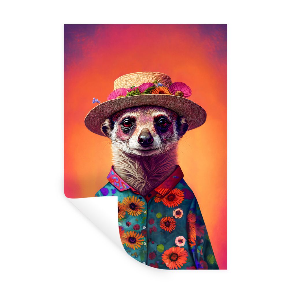 MuchoWow Wandtattoo Wandsticker Wandaufkleber Erdmännchen - Blumen - Hut - Tiere - Porträt - Erdmännchen 40x60 cm Selbstklebend und Reposition...