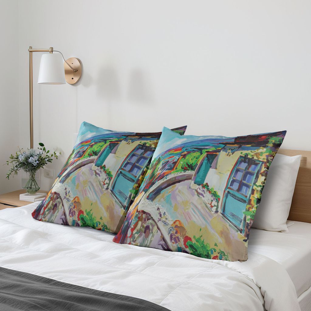 ABAKUHAUS Kunst Kissenbezug Packung mit 2, Idyllische Sommer-Ansicht eines Häuschen-Hauses auf ländlichen ruhigen französischen Landschaft der B...