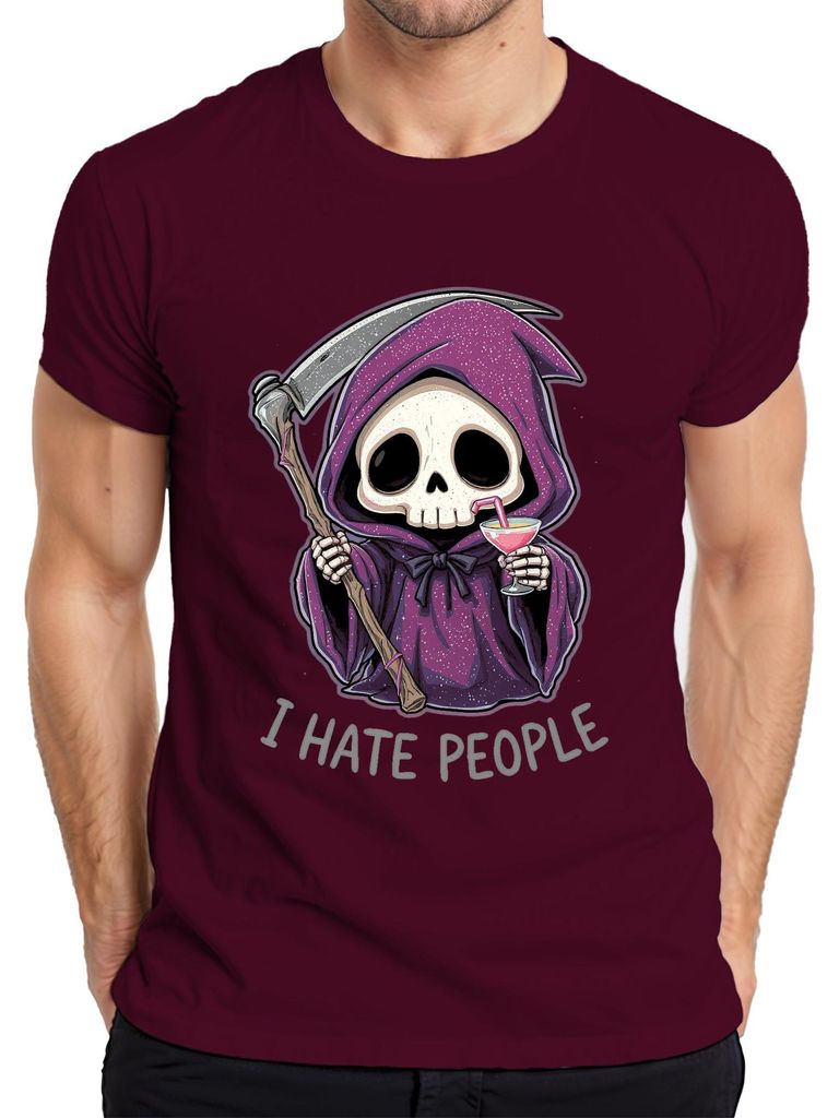 I Hate People Sensenmann Skelett Cocktail lila rosa Gothic lustig Herren T-Shirt, Burgundy, XXL