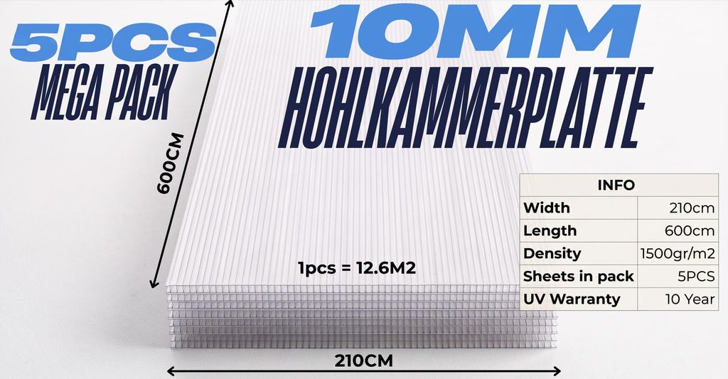 Polycarbonaat plaat, 10 mm dik, afmetingen 210 x 600 cm, Productafbeelding 