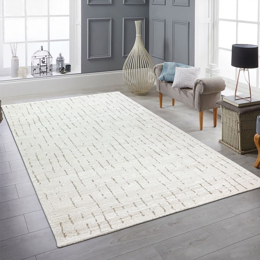 Teppich Wohnzimmer Schlafzimmer Strich Muster kuschelig creme mit beige/braunen Streifen Größe - 140 x 200 cm