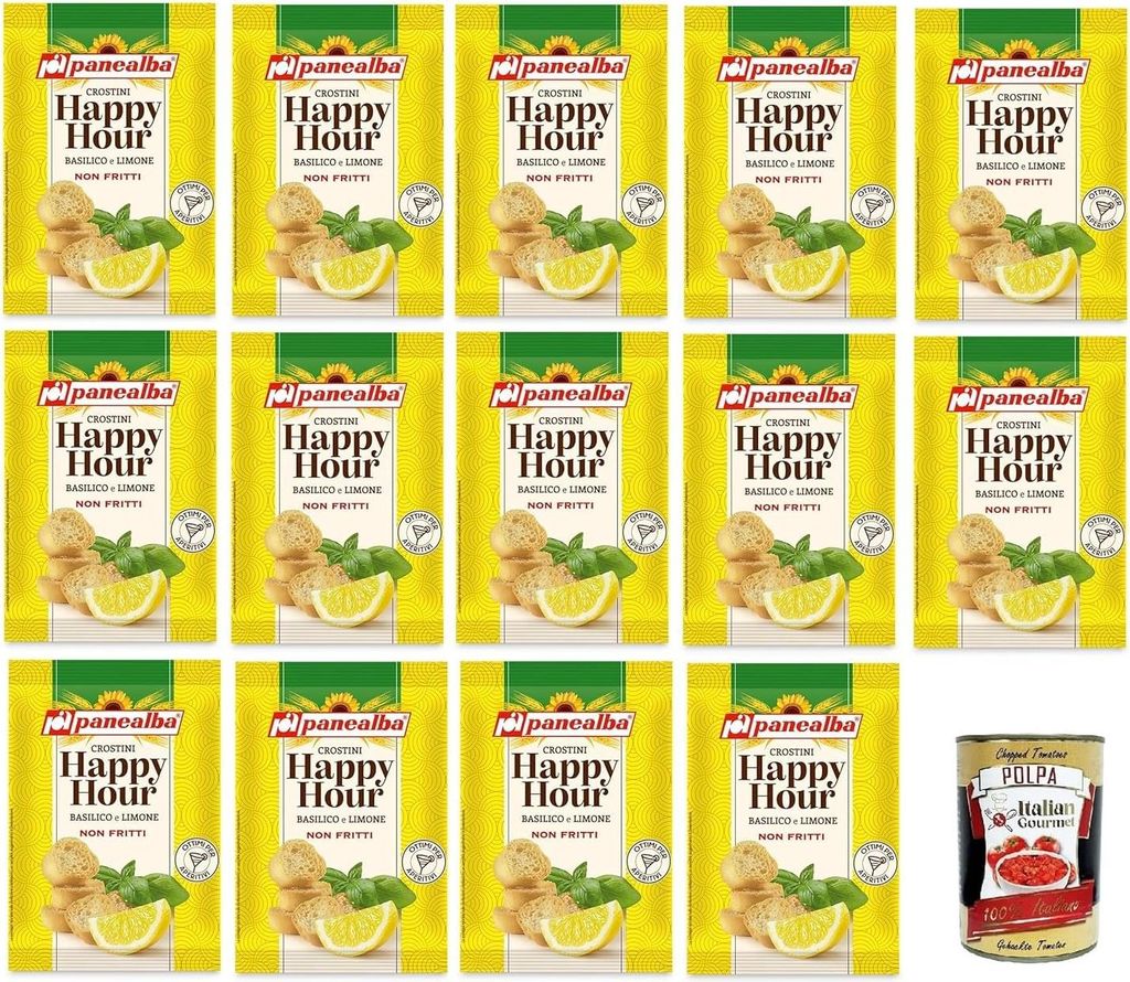 Panealba Happy Hour Crostini Con Basilico e Limone 50gr, Crostini mit Basilikum und Zitrone 14x50g + Italian Gourmet polpa 400gr