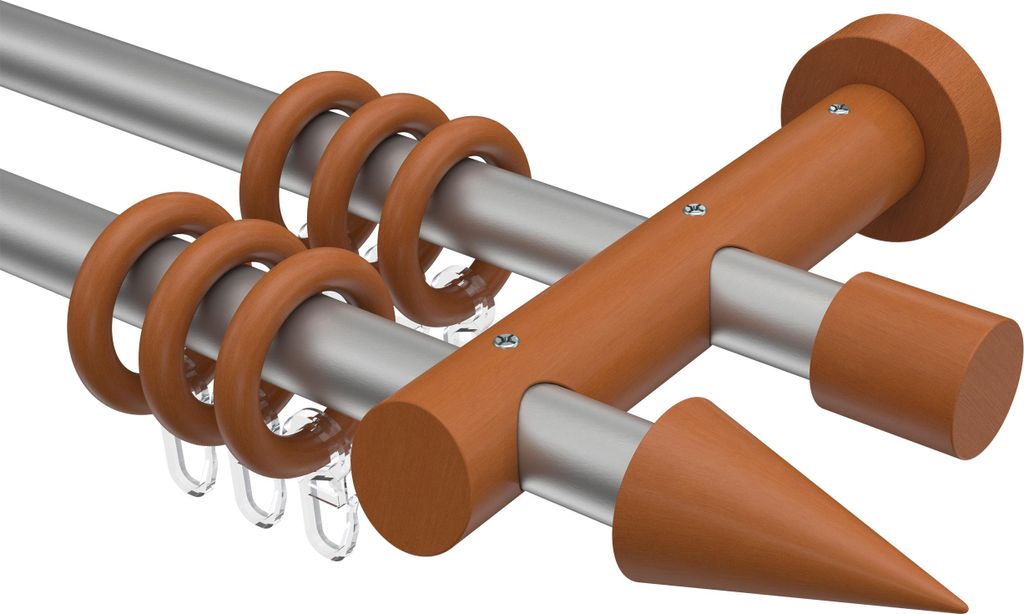 Interdeco Gardinenstange / Vorhangstange Silbergrau / Kirschbaum lackiert, Typ Talena Siveo (Kegel), 20 mm Ø 2-läufig, 520 cm