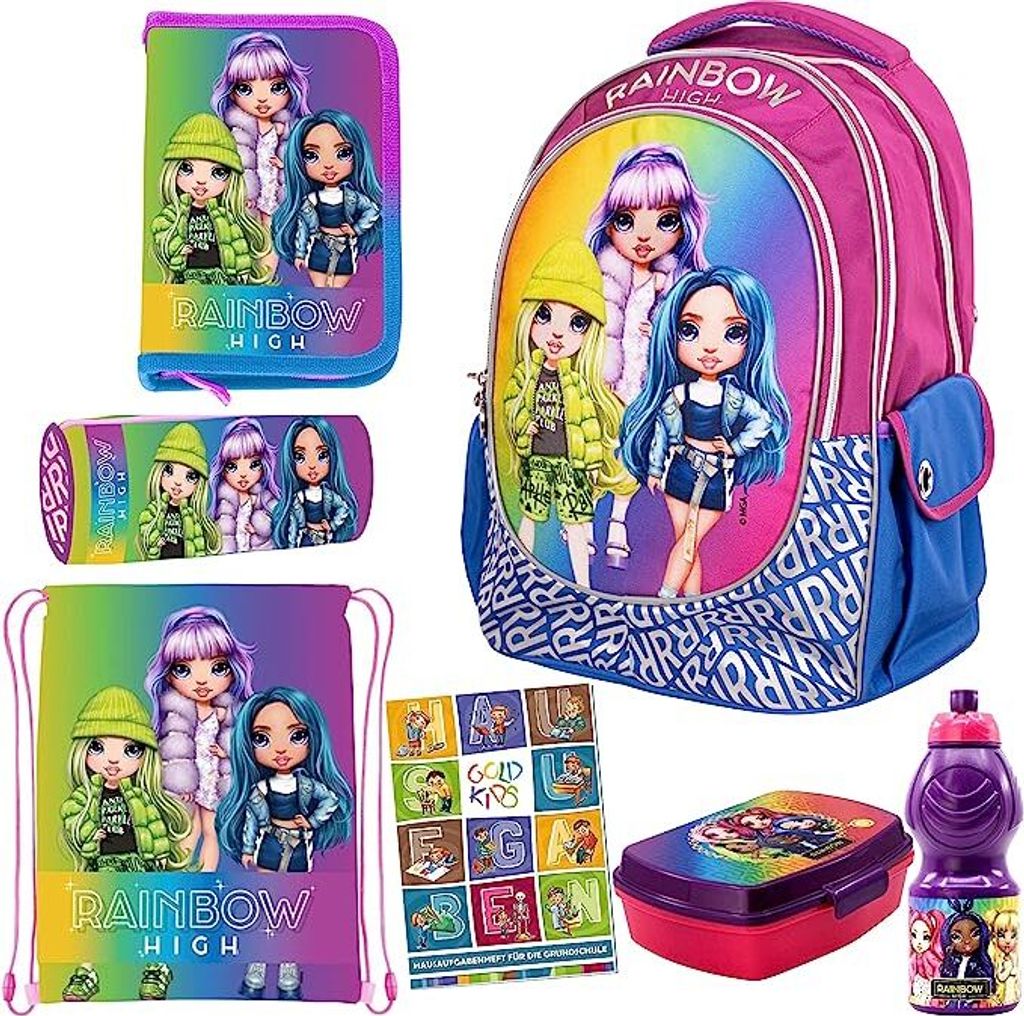 7er Set Schulranzen Ranzen Federmappe Turnbeutel Brotdose Trinkflasche Schlamperrolle Aufgabenheft Rainbow High Motiv geeignet ab der ersten Klasse...
