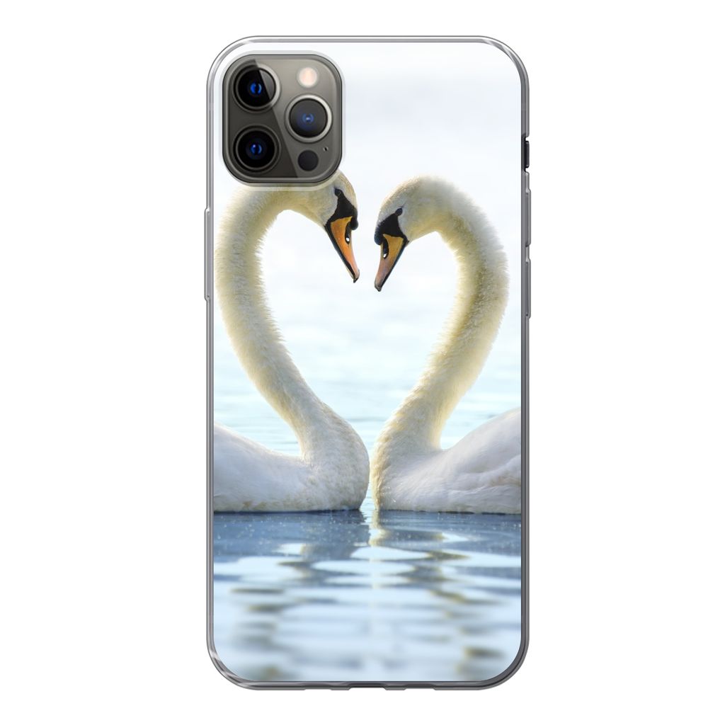 MuchoWow Handyhülle Schutzhülle Hülle für iPhone 12 Pro Max Schwäne - Herz - Ehepaar Silikon Softcase Handy Hülle - Hartschale