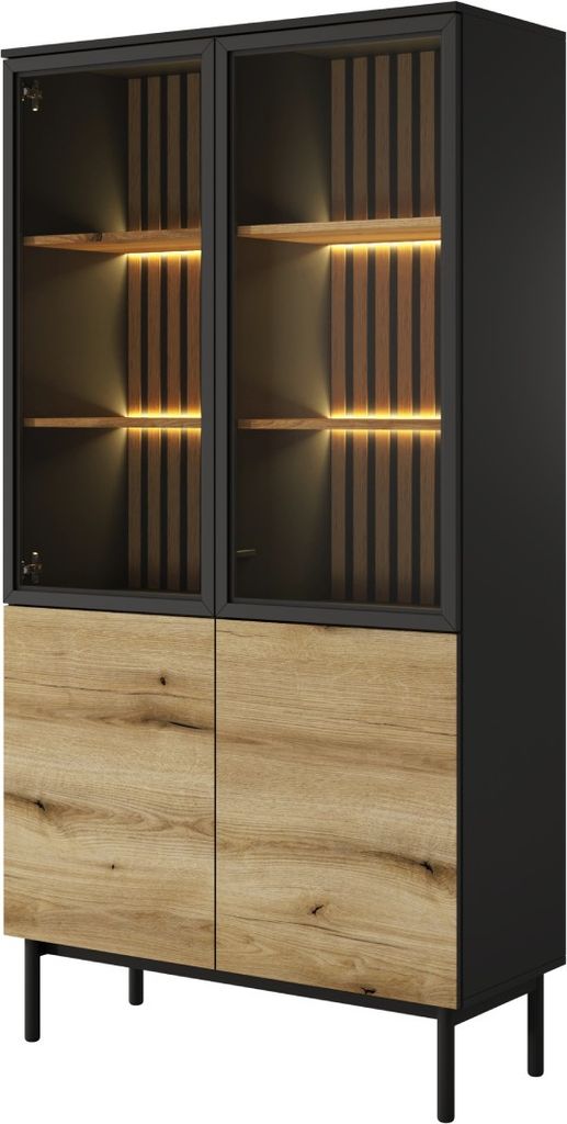 Hohe Vitrine DEMOPOLIS – Eichenoptik / Schwarz + E LED-Beleuchtung