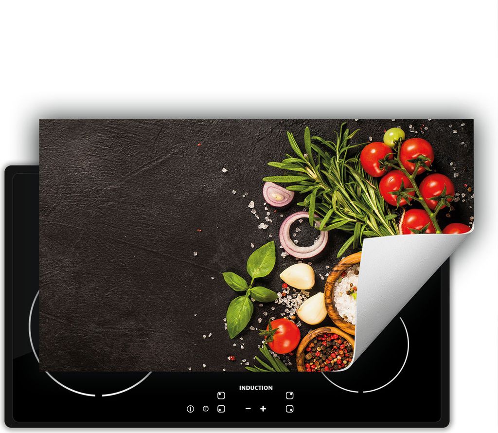 DarHaus Herdabdeckplatte 90x52 cm Anti Rutsch Matte Aufrollbar, Gewürze - Tomate