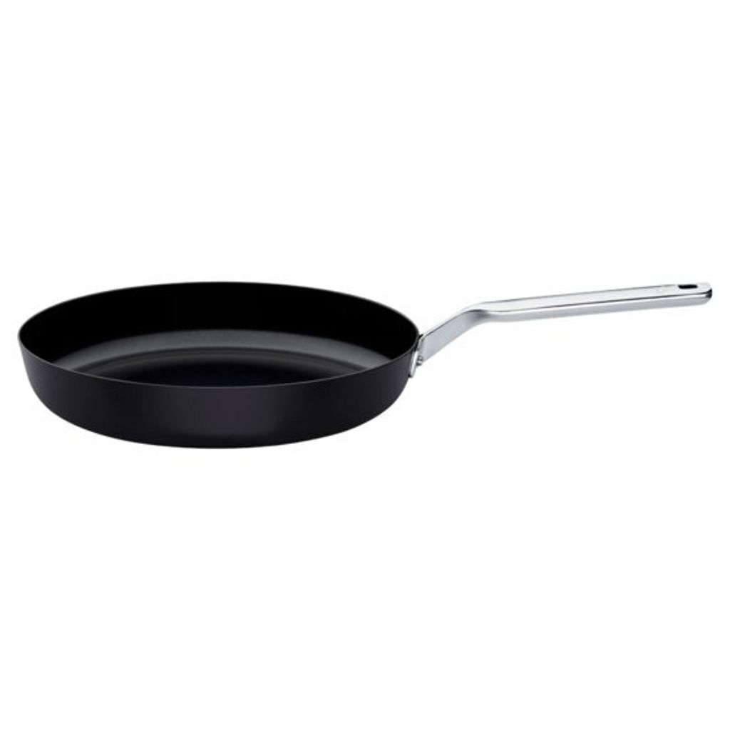 A black frying pan with a silver handle is shown against a white background.