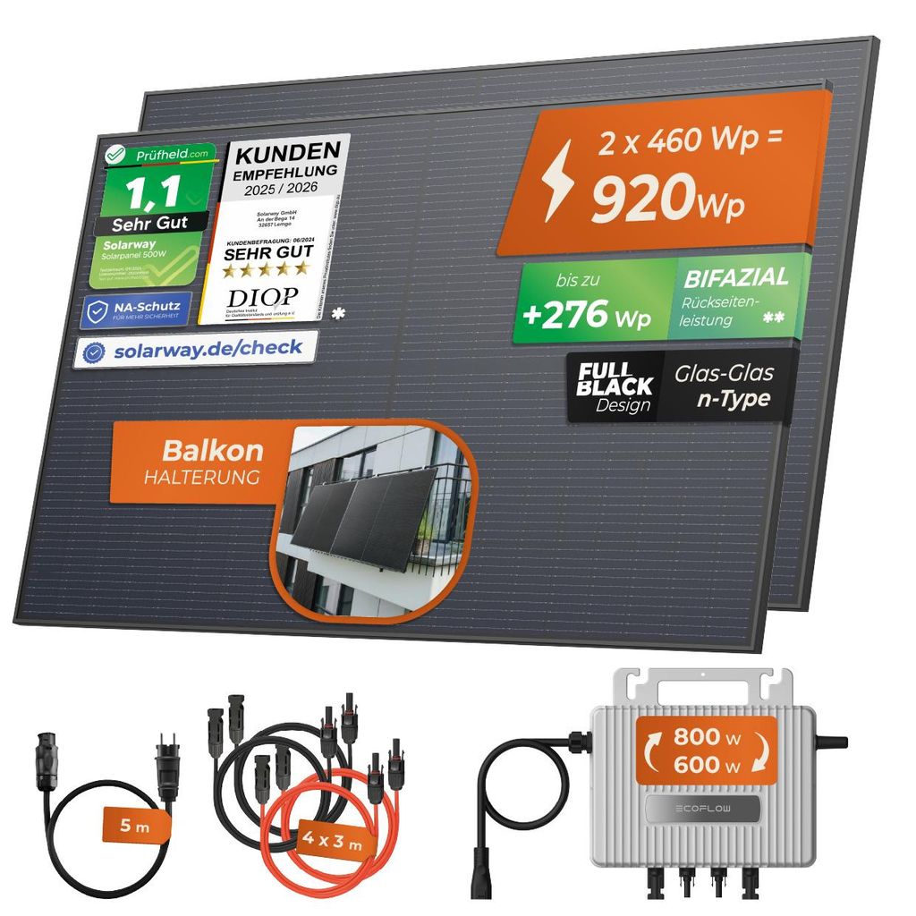 Solarway® 920Wp / 800W Balkonkraftwerk komplett Steckdose - Produktbild 
