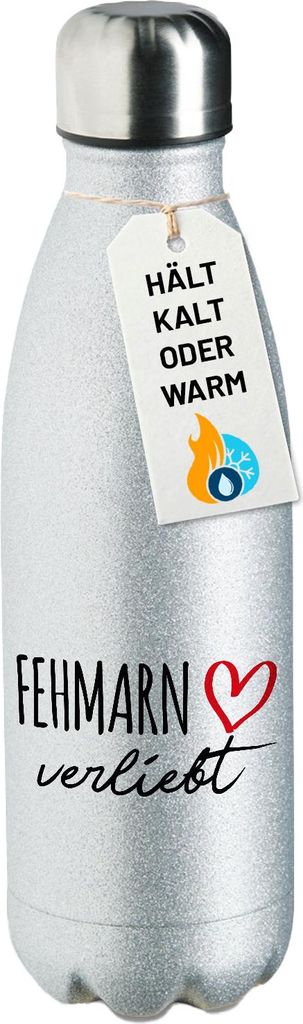 Huuraa Trinkflasche Fehmarn verliebt 500ml Silver Edelstahl Wasserflasche Trinkflasche Geschenkidee