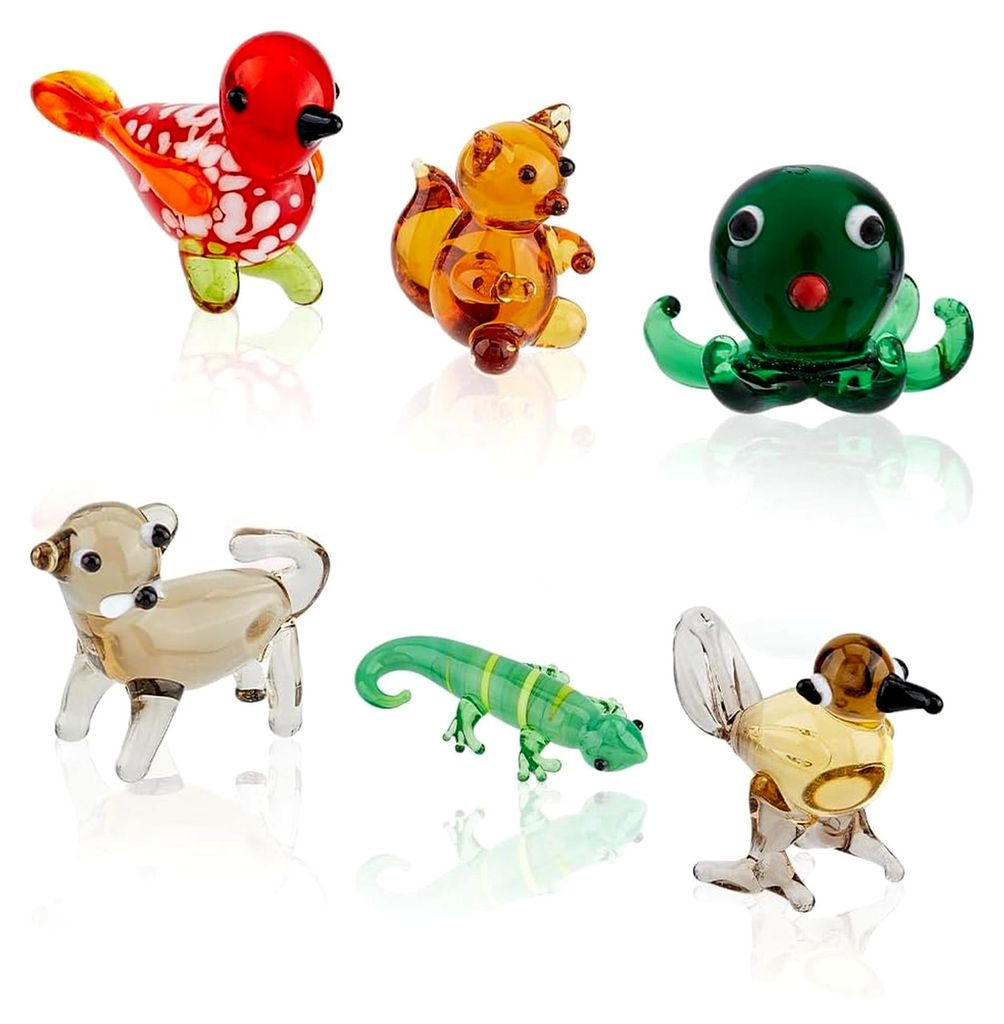 6 Stück Mundgeblasene Glasfiguren Miniatur Tiere Glasdekor Buntes Glas Vogel Krake Katze Chamäleon Eichhörnchen Dekorationen für Zuhause und Büro