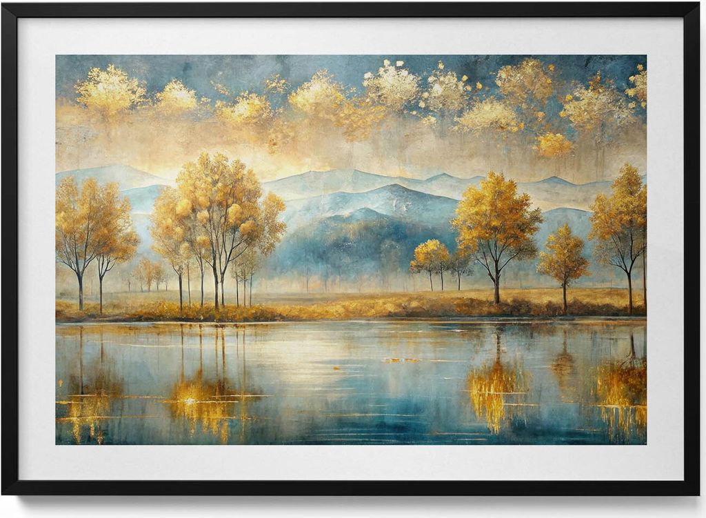Abstrakte Landschaft mit goldenen Bäumen auf einem See– Wandbild mit Rahmen – Gerahmtes Bild – Wanddekoration – 100x70 cm – Schwarz Ra...